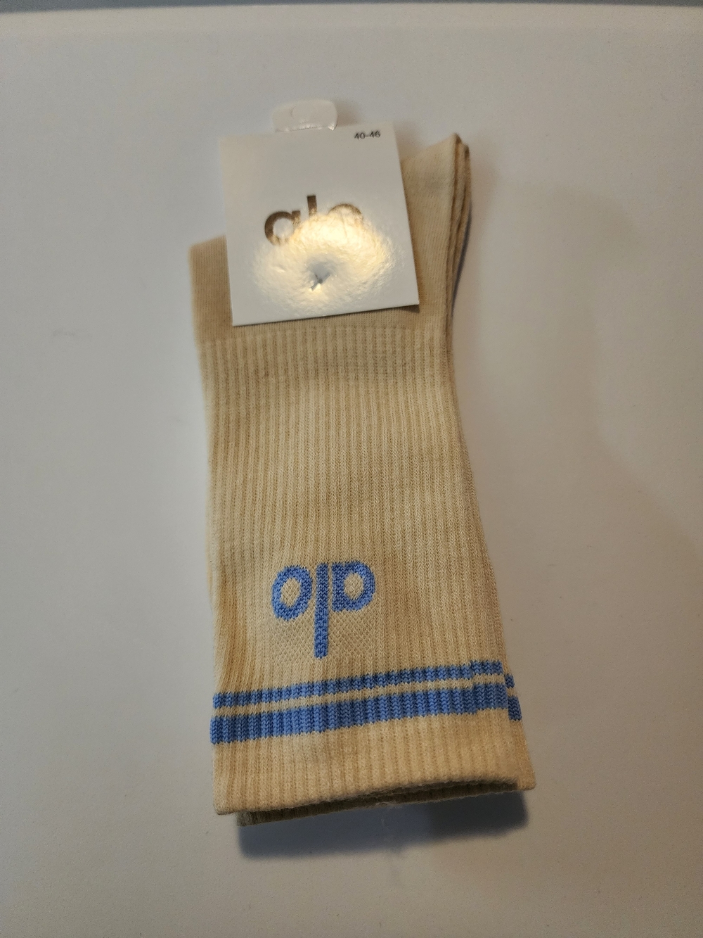 Fashion Yoga Beige Crew Socks with Blue Logo and Stripes